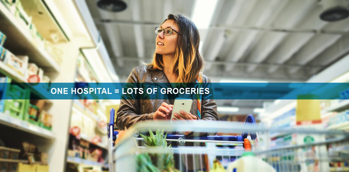 Economic Impact Print Ad image of a woman in a grocery store with text that reads: one hospital = lots of groceries