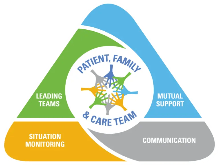 Team STEPPS graphic depicting leading teams, mutual support, situation monitoring and communication